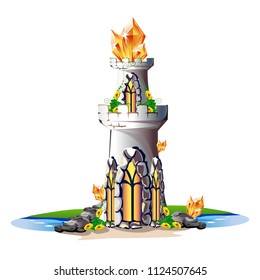 Fairy tale tower with yellow crystals. Magic vector illustration.