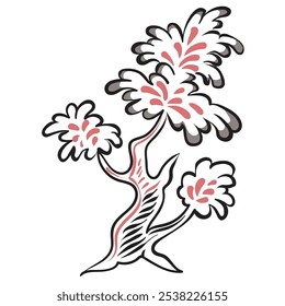 Fairy tale tree. Tree in the style of Russian folk art. Palekh miniature. Lush deciduous tree, linear drawing. Vector isolated tree on a white background in traditional art.
