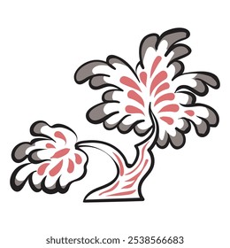 Fairy tale tree. Tree in the style of Russian folk art. Palekh miniature. Lush deciduous tree, linear drawing. Vector isolated tree on a white background in traditional art.