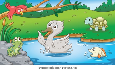 Fairy tale ugly duckling,vector illustration. Aspect ratio 16:9