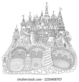 Fairy tale underground cave apartment in the old medieval town. Black and white Adults coloring book page