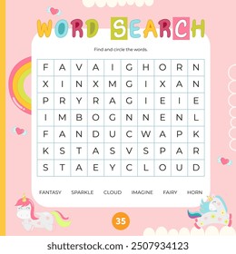 Fairy tale Unicorn activities for kids. Word search game. Find the hidden words. Fillword for children. Vector illustration. Book square format. Game to boost reading skills.