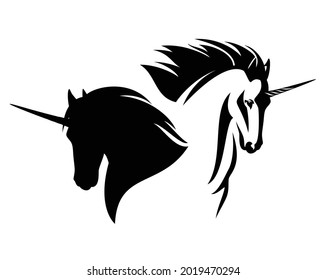 fairy tale unicorn horse profile head design - black and white vector outline and silhouette of animal with flying mane