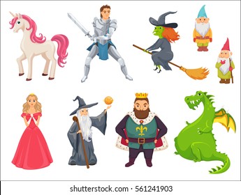 Fairy tale. Unicorn, princess, witch flying on broom, king in crown, dragon, knight paladin with sword, gnome, wizard with stick. Fantastic kingdom character set. Magical stories vector cute clip art.