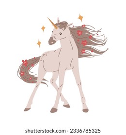 Fairy tale unicorn with red flowers on tail and mane flat style, vector illustration isolated on white background. Decorative design element, fantastic horse with horn, shine, mystic animal