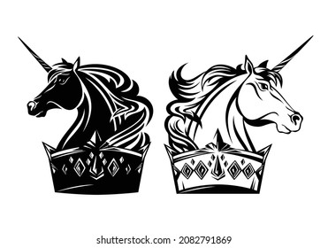 fairy tale unicorn stallion wearing king crown - horned horse profile head black and white vector royal heraldic design set