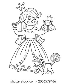 Fairy tale vector black and white princess with frog prince and cat. Fantasy line girl in crown. Medieval fairytale maid coloring page. Girlish cartoon magic icon with cute character.
