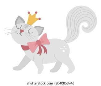 Fairy tale vector cat princess. Fantasy animal in crown isolated on white background. Fairytale character. Cartoon magic icon
