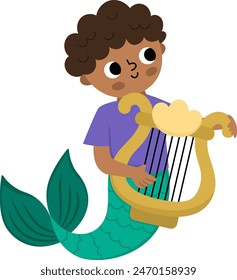 Fairy tale vector dark skinned mermaid boy with golden harp. Fantasy fish man isolated on white background. Fairytale sea prince. Treasure island icon. Cute underwater king character
