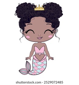 Fairy tale vector dark skinned mermaid . Fantasy fish girl isolated on white background. Fairytale sea princess. Cute siren character. Underwater adventure icon