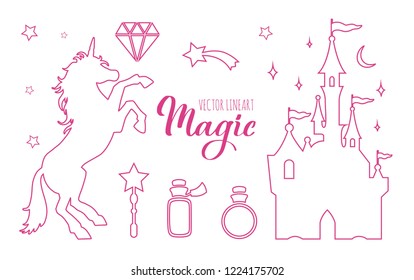 Fairy tale vector flat style  thin line art collection with Unicorn and Castle and other elements of Wizard world. Templates for interiors decor, prints, posters