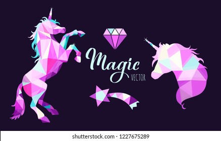Fairy tale vector geometric Low Poly style  collection with Unicorns and other elements of Wizard world. Polygonal elements for interiors decor, prints, posters, stickers