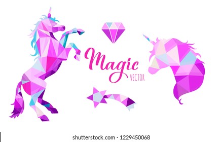 Fairy tale vector geometric Low Poly style  collection with Unicorns and other elements of Wizard world. Polygonal elements for interiors decor, prints, posters, stickers