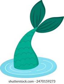 Fairy tale vector green mermaid tail in the water. Fantasy fish isolated on white background. Fairytale sea princess. Underwater adventure icon. Cute siren character
