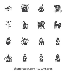 Fairy Tale vector icons set, modern solid symbol collection, Fairytale filled style pictogram pack. Signs logo illustration. Set includes icons as magician, magic wand, princess, prince, unicorn, book