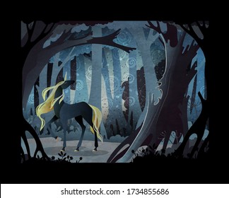 Fairy tale vector illustration. Black unicorn in front of dark misty forest