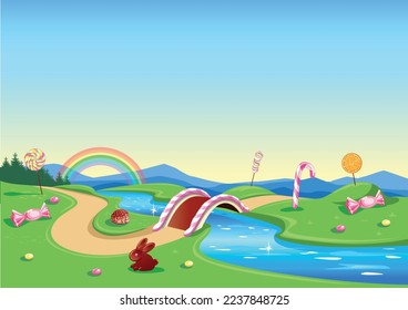 Fairy tale vector illustration of candy land with river and chocolate bridge with caramel railings. Sweet and tasty background with lollipops, candy and rainbow.