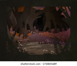 Fairy tale vector illustration. Dark forest background