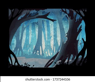 Fairy tale vector illustration. Dark misty forest background