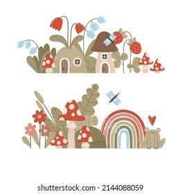 Cuentos de hadas ilustraciones vectoriales paisaje con casas de gnomo de jardín, mosca agaric, arcoiris, flores y fresas. Impresión de estilo para decoración de vivero, tejidos, postales.