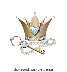 Fairy tale vector illustration of princess jewels. Crown or tiara with pearls and blue stones, pearl necklace and key.
