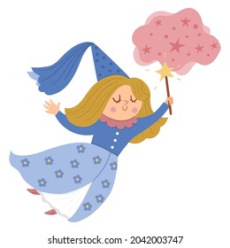 Fairy tale vector fairy with magic wand. Fantasy flying sorceress in tall hat isolated on white background. Fairytale character in blue robe. Cartoon magic icon
