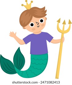 Fairy tale vector mermaid boy with golden trident. Fantasy fish man isolated on white background. Fairytale sea prince. Treasure island, pirate adventure icon. Cute underwater king character
