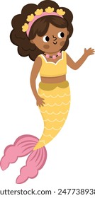 Fairy tale vector mermaid with brown hair. Fantasy fish girl isolated on white background. Fairytale sea princess. Treasure island, pirate, underwater adventure icon. Cute girlish siren character
