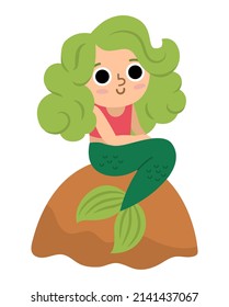 Fairy tale vector mermaid with green hair sitting on a rock. Fantasy girl isolated on white background. Fairytale sea princess. Treasure island or pirate themed icon. Cute girlish character
