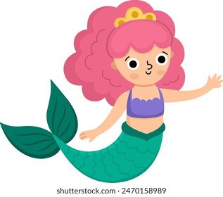 Fairy tale vector mermaid with pink hair. Fantasy fish girl isolated on white background. Fairytale sea princess. Treasure island, pirate, underwater adventure icon. Cute girlish siren character
