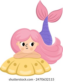 Fairy tale vector mermaid with pink hair, folded hands on big seashell. Fantasy fish girl isolated on white background. Fairytale sea princess. Cute siren character. Underwater adventure icon
