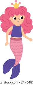Fairy tale vector mermaid with pink hair. Fantasy fish girl isolated on white background. Fairytale sea princess. Treasure island, pirate, underwater adventure icon. Cute girlish siren character
