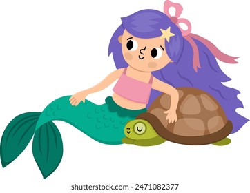 Fairy tale vector mermaid with purple hair sitting with tortoise. Fantasy fish girl isolated on white background. Fairytale sea princess. Cute siren character. Underwater adventure icon
