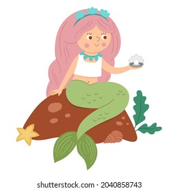 Fairy tale vector mermaid sitting on a rock and holding pearl. Fantasy girl in crown isolated on white background. Fairytale sea princess with pink hair. Girlish cartoon magic icon with cute character
