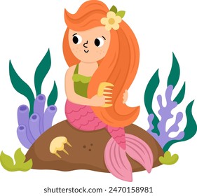 Fairy tale vector mermaid sitting on a rock, combing her hair. Fantasy fish girl isolated on white background. Fairytale sea princess. Cute siren character. Underwater adventure icon
