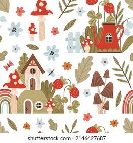 Fairy tale vector pattern with forest houses, mushrooms, rainbows and flowers in cartoon style. Seamless background with forest plants, fairy houses for children's textiles, fabrics, wallpapers, decor