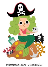 Fairy tale vector pirate mermaid with green hair sitting on a rock. Fantasy girl with sea raider accessories isolated on white background. Scary sea princess in pirate hat. Treasure island icon
