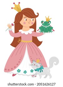 Fairy tale vector princess with frog prince and cat. Fantasy girl in crown isolated on white background. Medieval fairytale maid in pink dress. Girlish cartoon magic icon with cute character