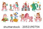 Fairy tale vector princess set. Fantasy girl collection. Medieval fairytale maid in pink dress. Girlish cartoon magic icons pack. Cinderella, sleeping beauty, frog prince, mermaid scenes
