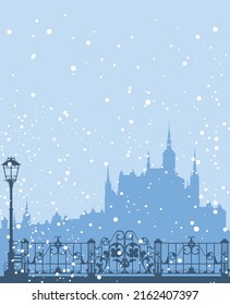 escena vectorial de cuento de hadas con caída de nieve y silueta de castillo real - temporada de invierno en la ciudad medieval de la ciudad de fondo de la copia del espacio