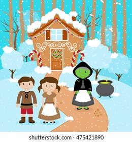 Fairy Tale Vector Scene with Hansel and Gretel, the Witch, and a Holiday Gingerbread House