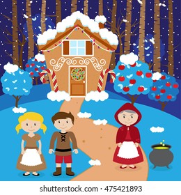 Fairy Tale Vector Scene with Hansel and Gretel, the Witch, and a Holiday Gingerbread House