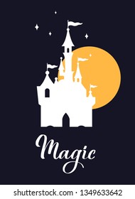 Fairy tale vector silhouette with Castle and the moon. Templates for interiors decor, prints, posters