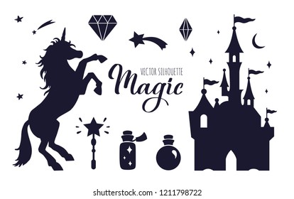 Fairy tale vector silhouette collection with Unicorn and Castle and other elements of Wizard world. Templates for interiors decor, prints, posters