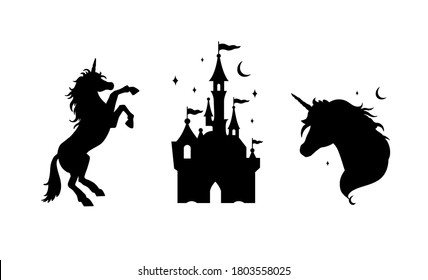 Colección de silueta vectorial de cuento de hadas con Unicorn y Castle . Plantillas para decoración de interiores, impresiones, carteles