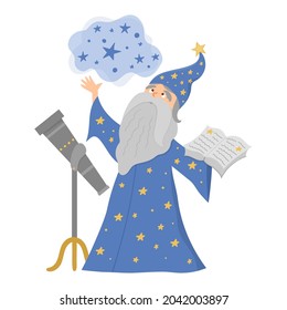 Fairy tale vector stargazer with telescope holding spell book. Fantasy wizard in tall hat isolated on white background. Fairytale astrologist in blue robe. Cartoon magic icon with cute character
