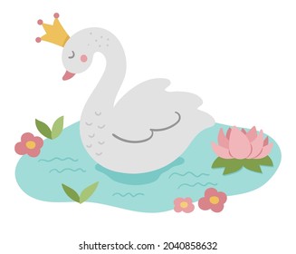 Fairy tale vector swan princess. Fantasy bird in crown in pond with water lily isolated on white background. Fairytale animal character. Cartoon magic icon
