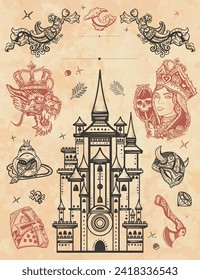 Fairy tale. Vertical background.  Medieval castle, queen in the golden, crown, dragon, knight and princess frog. Old paper vector. Cover page template