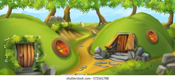 Fairy Tale Village. Leprechaun House. Nature Landscape Vector Illustration