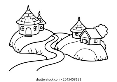 fairy tale village vector drawing  for coloring book
